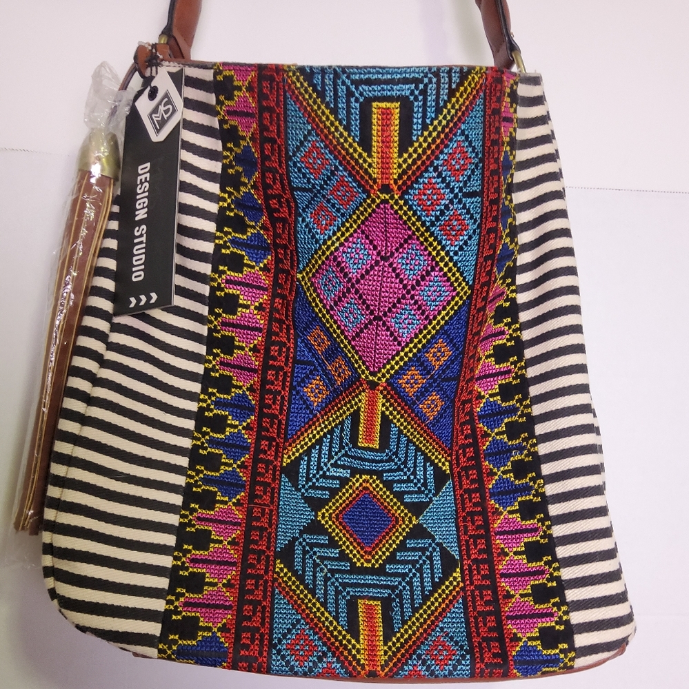 Tote with Crossbody Strap Jen&CO cotton blend  Woven purse leather Trim.
